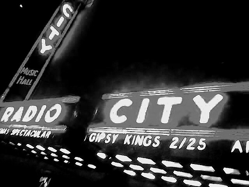 Black And White Musical Notes. Radio City Music Hall at night